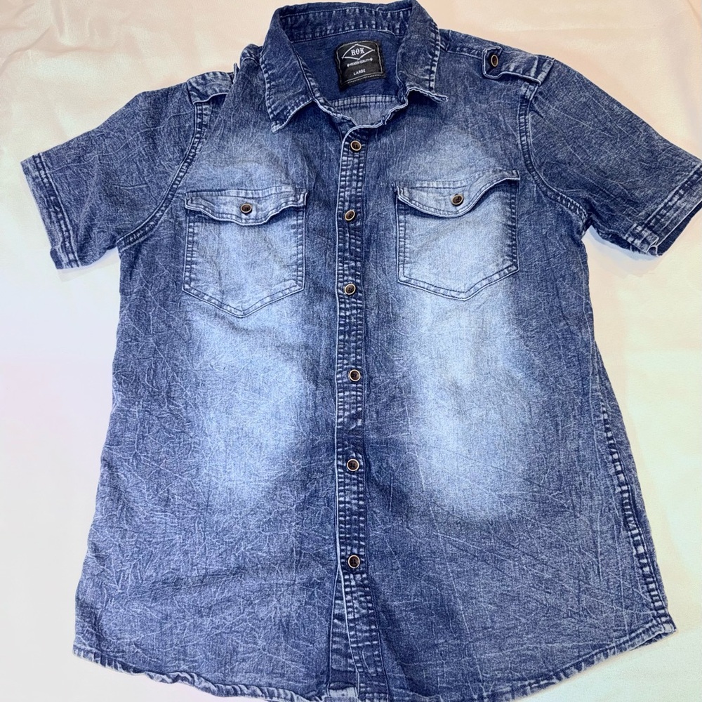 Denim-Inspired Blue Button-Down Shirt Acid Washed